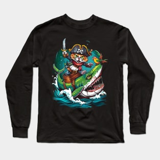 Cat Riding Shark Oceanic Excursion Long Sleeve T-Shirt